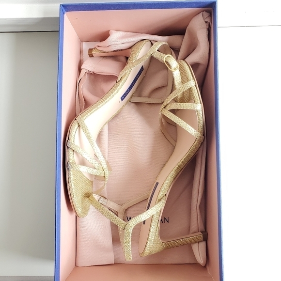 New Stuart Weitzman Gold Starla 80mm Crisscross Metallic Glitter Sandals - Picture 15 of 16